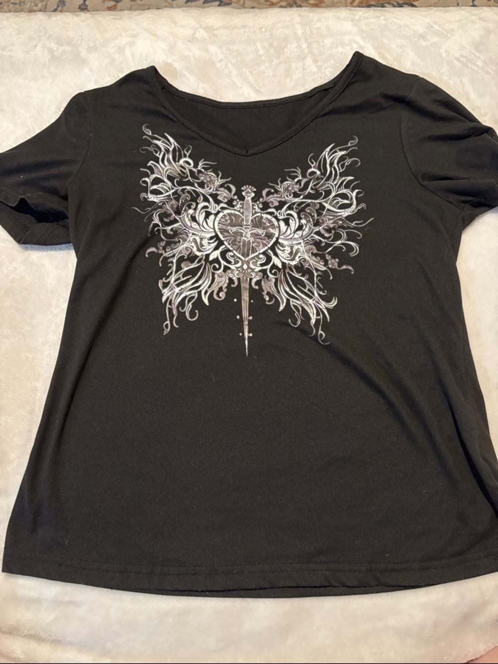 Black V-Neck Graphic Women's Top with Heart & Sword through butterfly